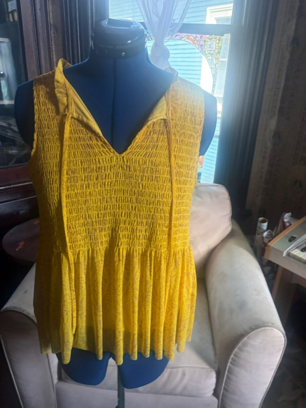 Rose & Olive Mustard Yellow Smocked V-Neck Peplum Tank